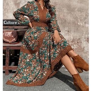 Plus Floral Print V neck Lace Insert Long Sleeve Maxi Dress